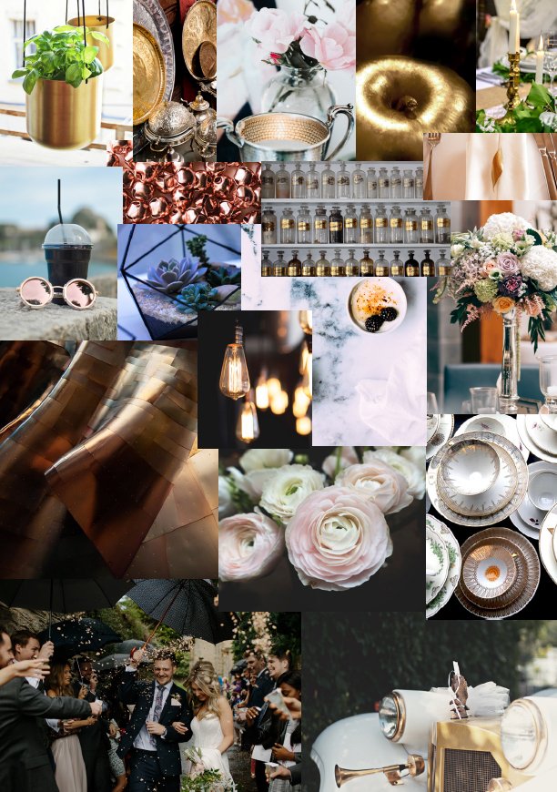 dark mood board with shiny elements black and gold