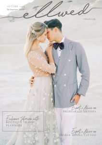 Ellwed Magazine Cover with a couple kissing in Milos on the rocks
