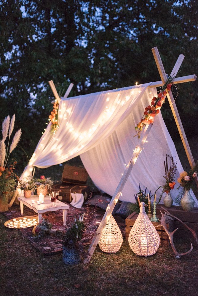 Tent with lights at Bohemian Mountain Hill Engagement