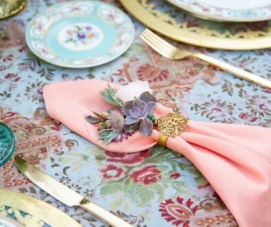 Printed tablecloths for a reception table in Greece.