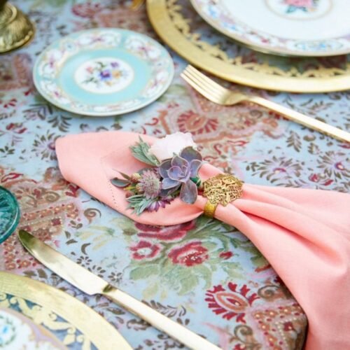 Printed tablecloths for a reception table in Greece.