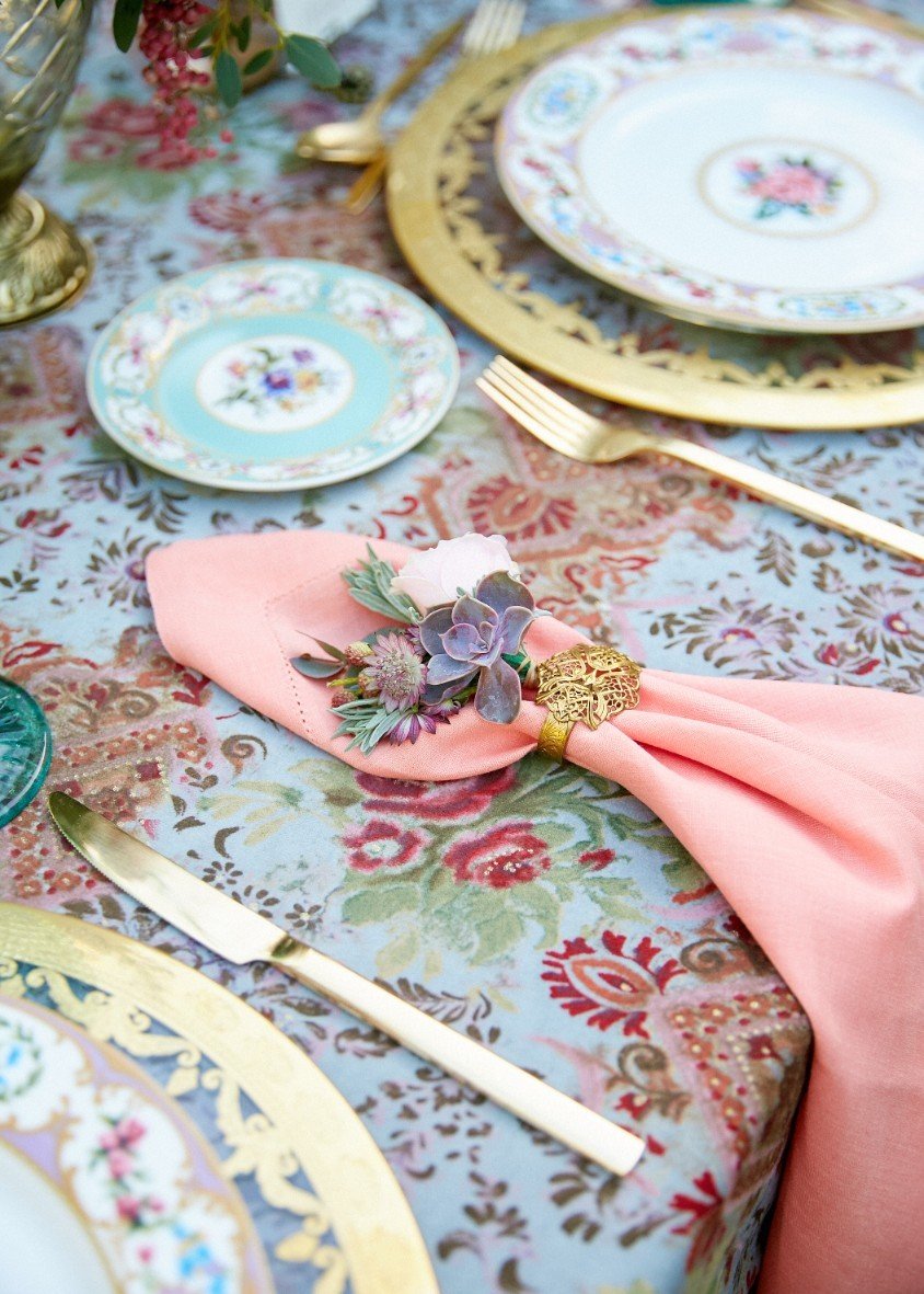 Printed round tablecloths for a reception table in Greece.