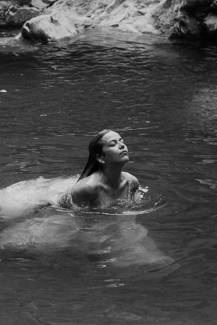 Greek Mountain Wedding Bride swimming in the lake