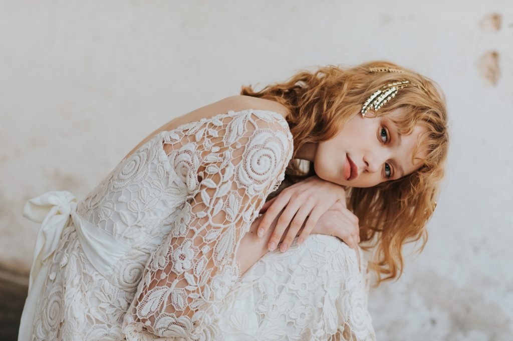 Red head bride in a studio 