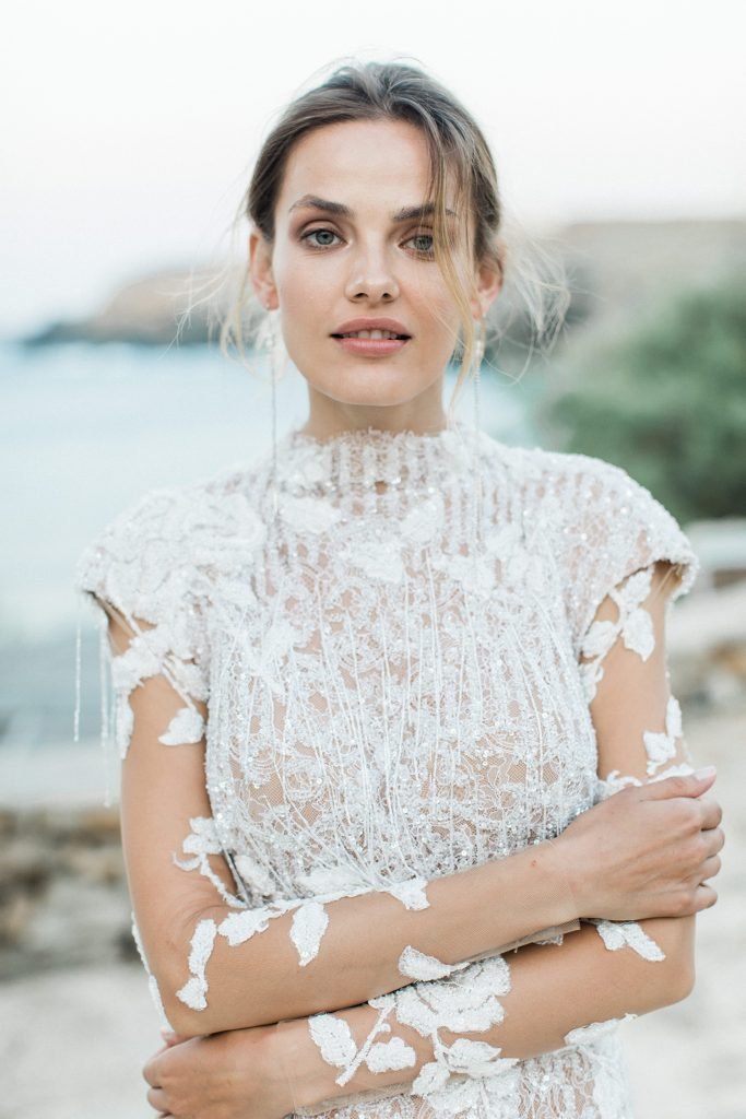 Mairi Maprola dress Love Story in Mykonos with floral sleeves
