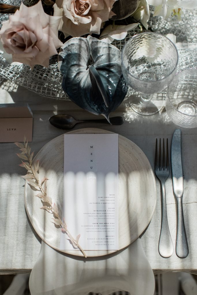 Table setting for a boho wedding in Mykonos