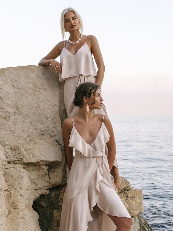 two bridesmaids by the sea wearing Shona Joy Evie by Bridesmaids Only