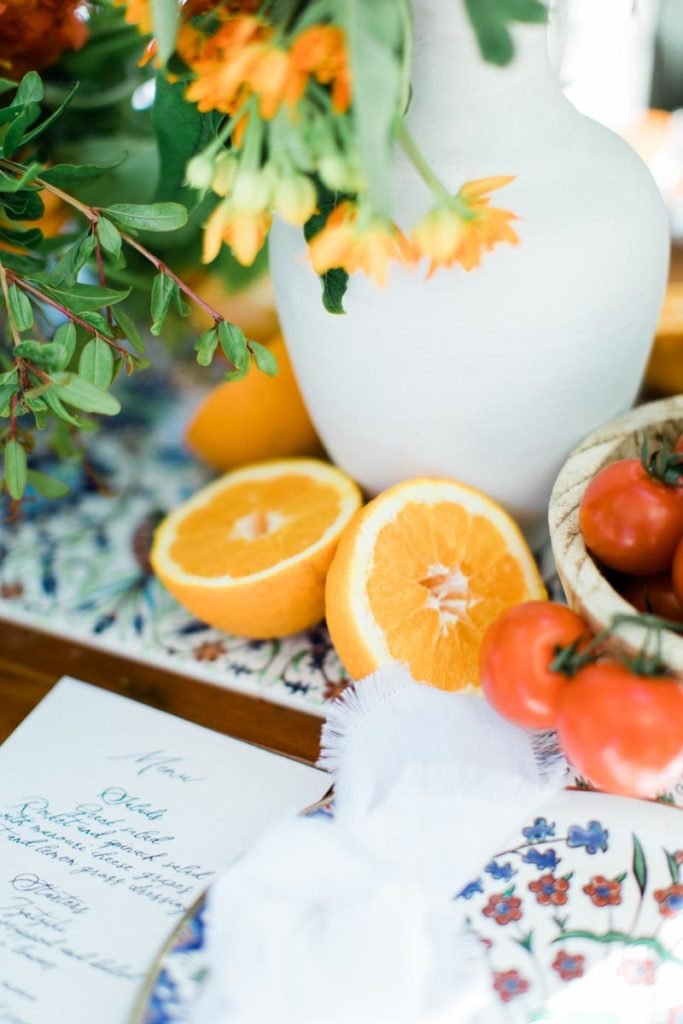 Greek inspired welcome dinner with fresh oranges