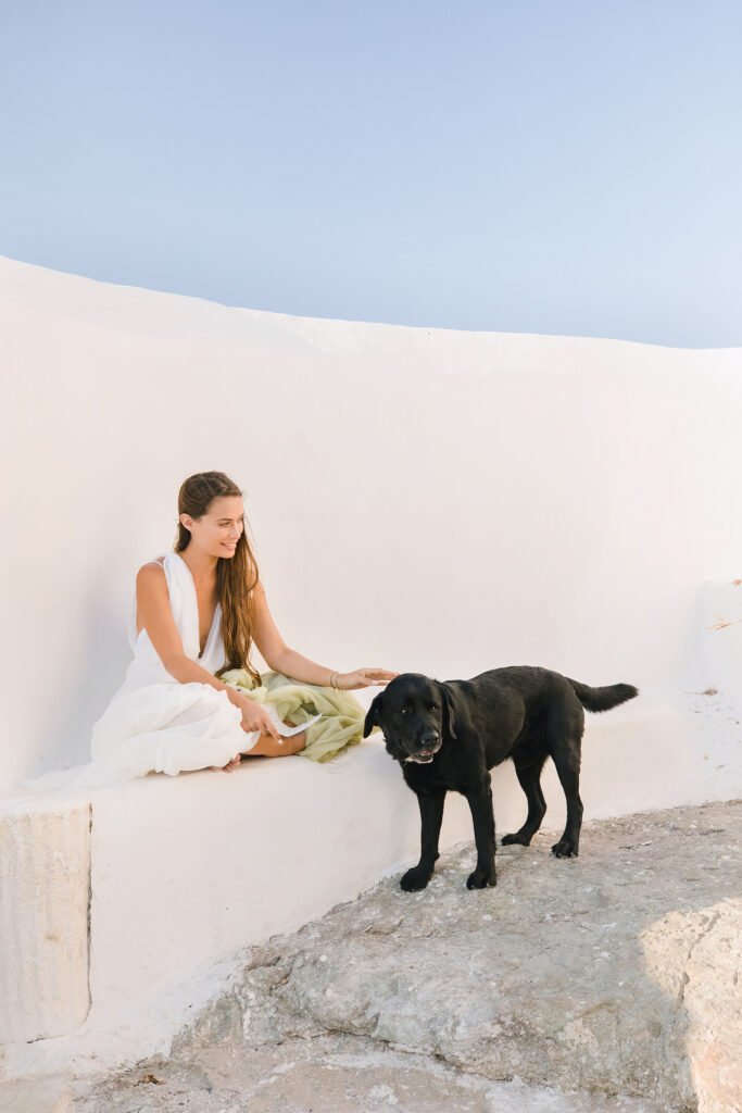 Natural Minimalist Elopement on the island of Naxos bride and her dog