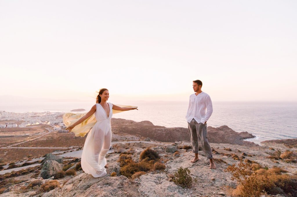 Natural Minimalist Elopement on the island of Naxos couple on the hils