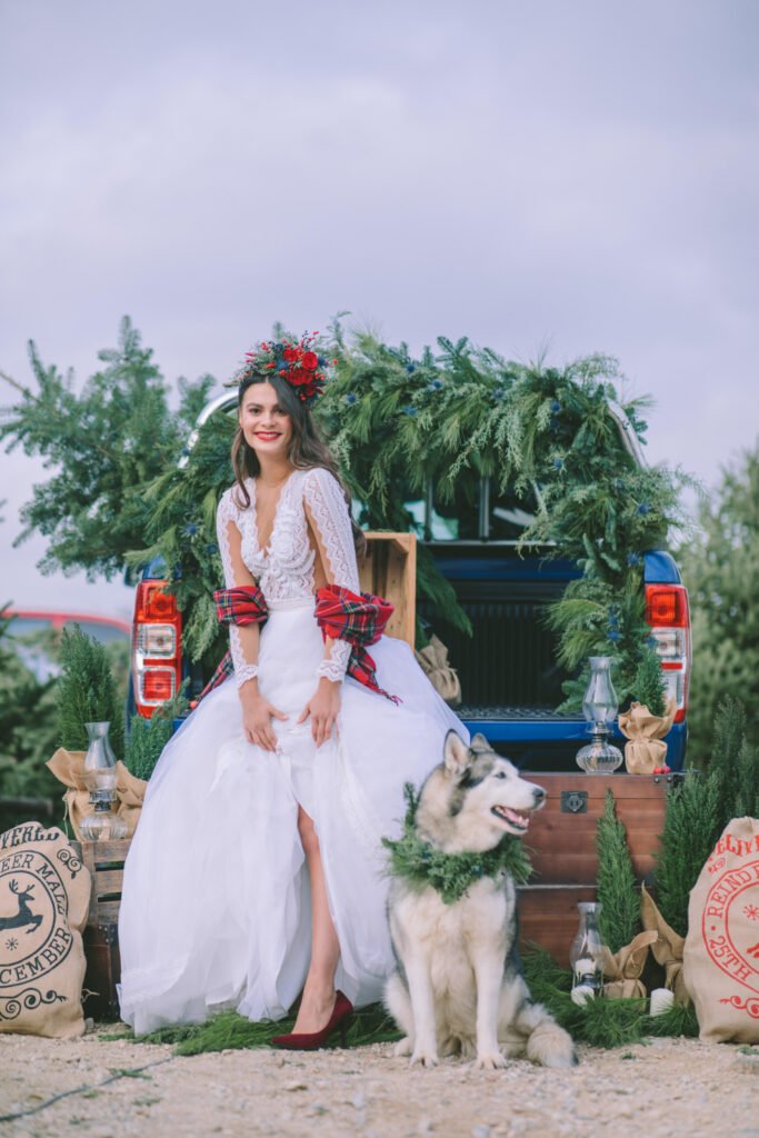 Bride with red shoes Huskey dog and pickup truck 