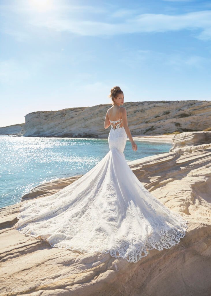 Bride with a big mermaid dress on the rocky beach