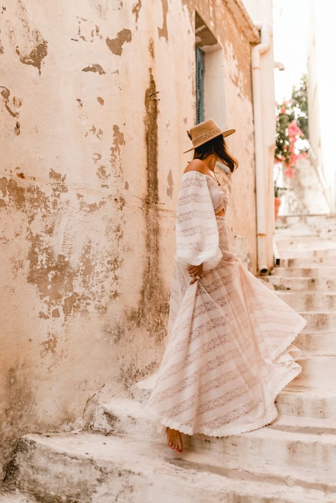 Bride walking up the streets at a destination Wedding