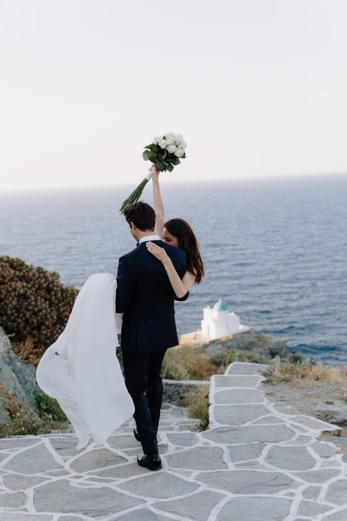 stylish eco-conscious wedding groom and bride just married