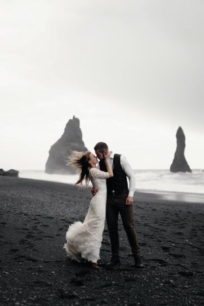 Winter Destination Wedding Couple on a black beach