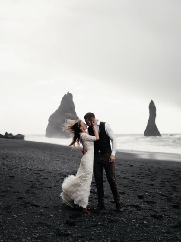 Winter Destination Wedding Couple on a black beach