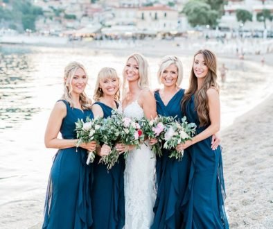 Parga the Greek Amalfi Coast with Bridesmaids in Blue on beach