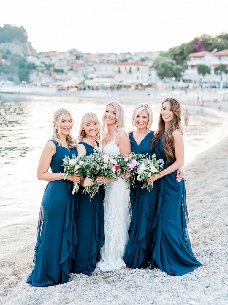 Parga the Greek Amalfi Coast with Bridesmaids in Blue on beach