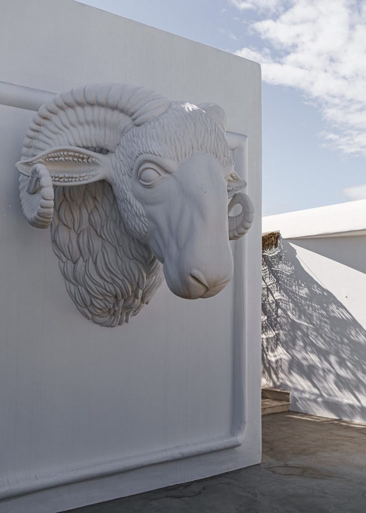signature Ram's head statue at the Panoptis Escape Hotel in Mykonos