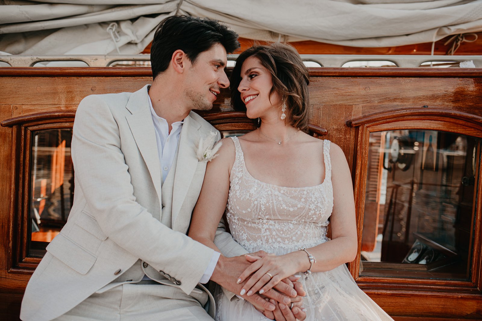 Elopement Shoot on a Historic Yacht smiling bride and groom