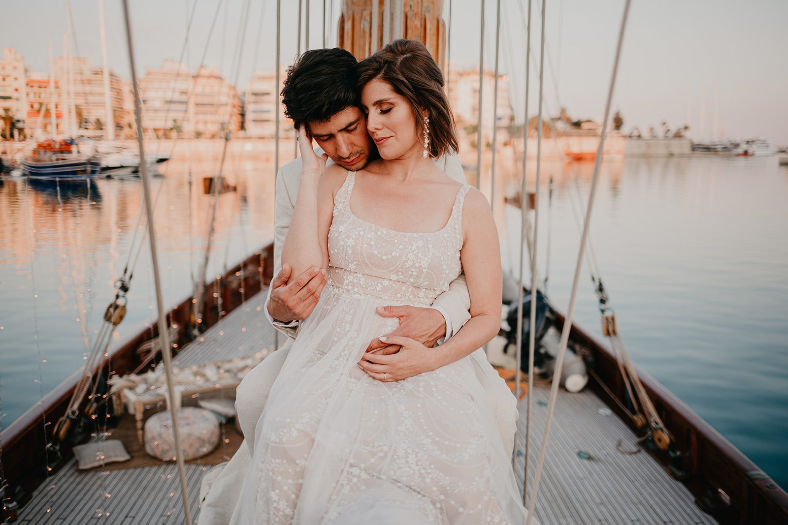 Elopement Shoot on a Historic Yacht couple at sunset