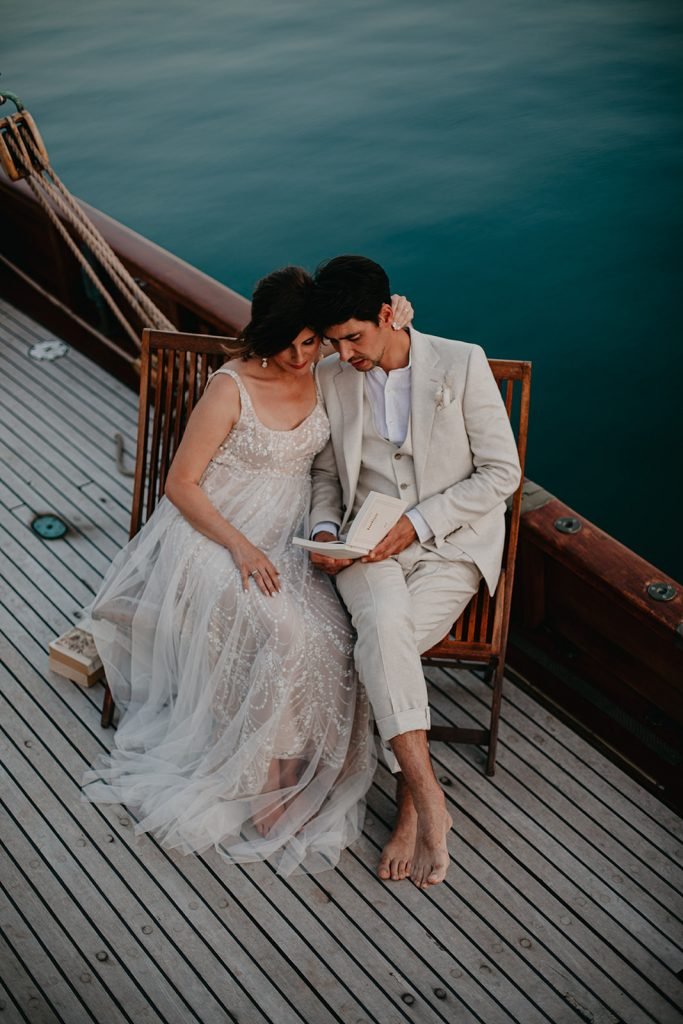 Elopement Shoot on a Historic Yacht bride and groom on the boat