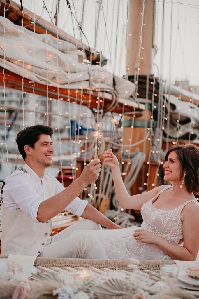 Elopement Shoot on a Historic Yacht couple enjoying 