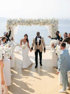 Stylish White and Champagne Gold Destination Wedding at Le Ciel Santorini