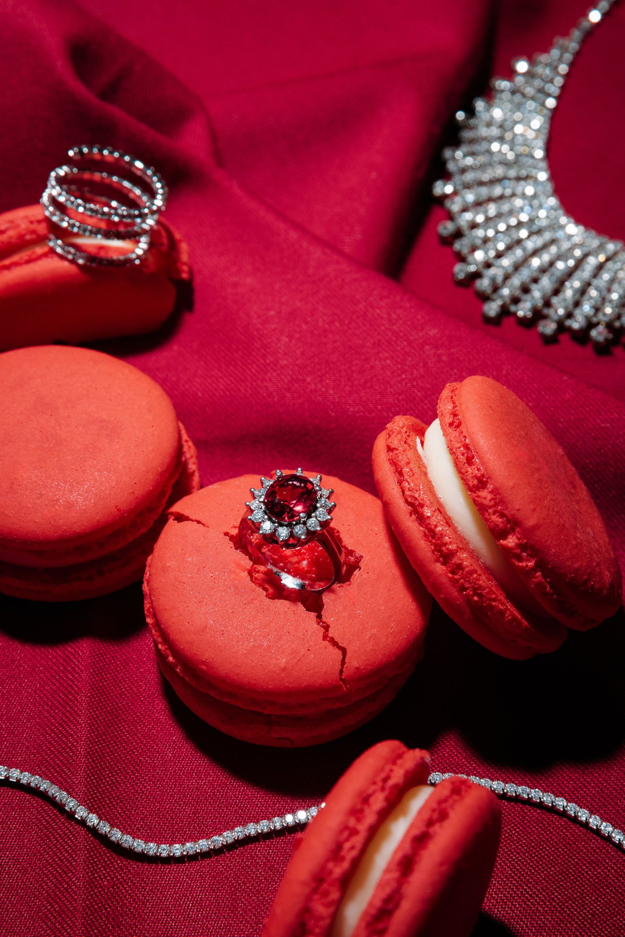 Red Macaroons with jewellery inside for Valentine’s Bachelorette Party Inspiration