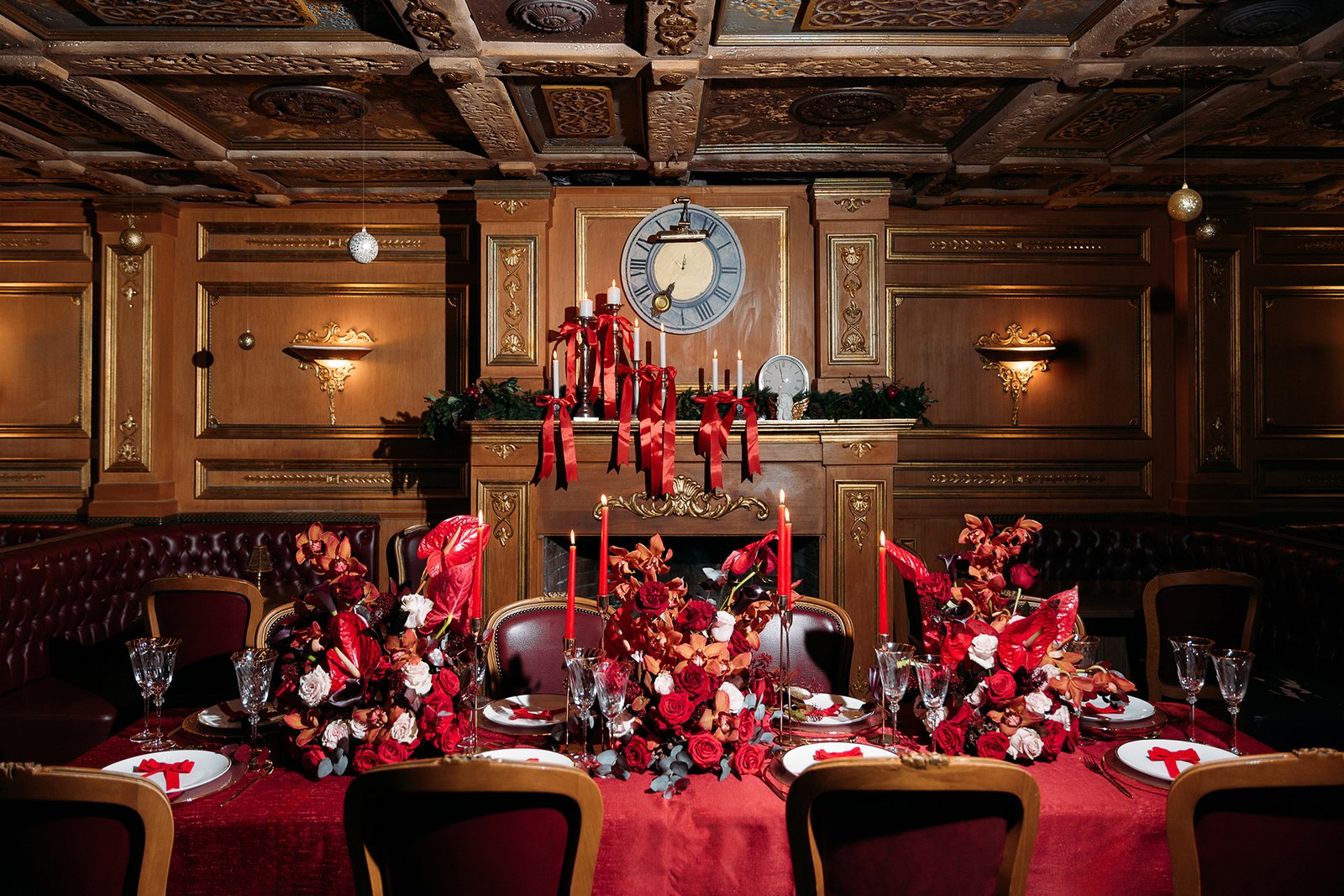 Fancy table setup in red for Valentine’s Bachelorette Party Inspiration