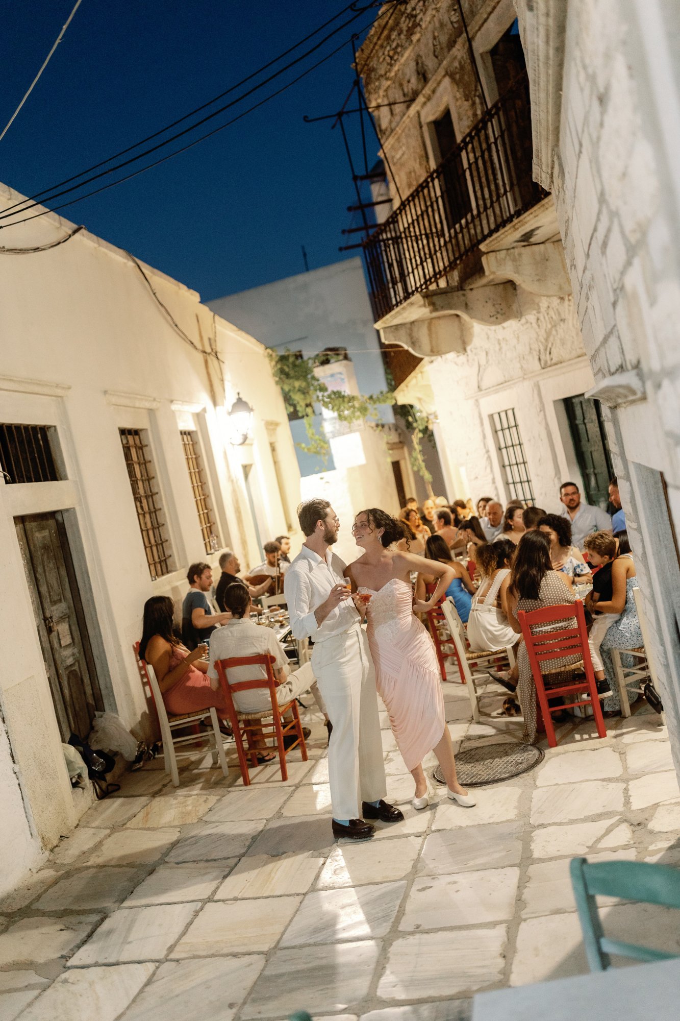 Wedding reception on the town streets of Greek Island on Naxos