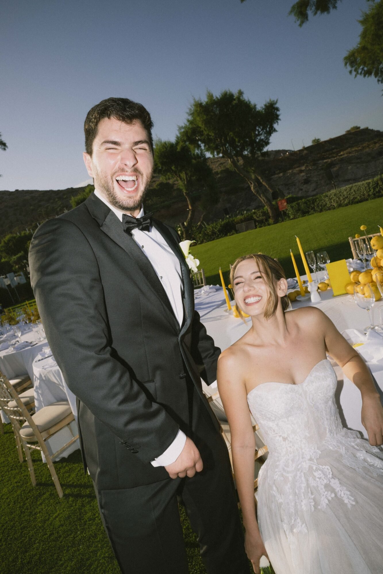 Lemon themed seaside wedding decor at The Island Riviera Athens with yellow tablescape and Mediterranean styling