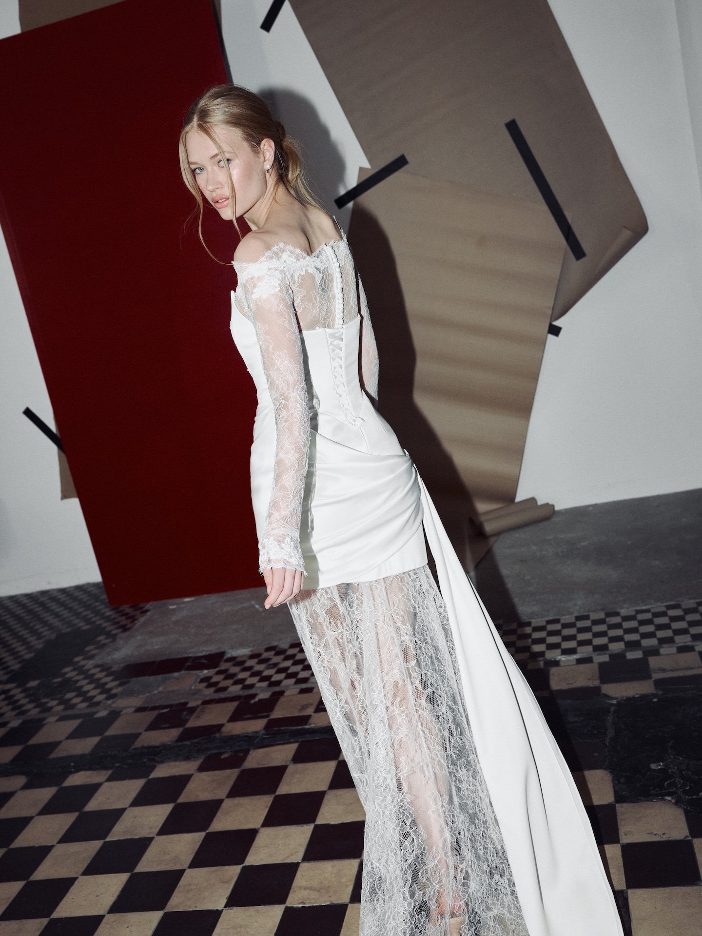 Short satin mini wedding dress with long lace dress and gloved for modern brides 