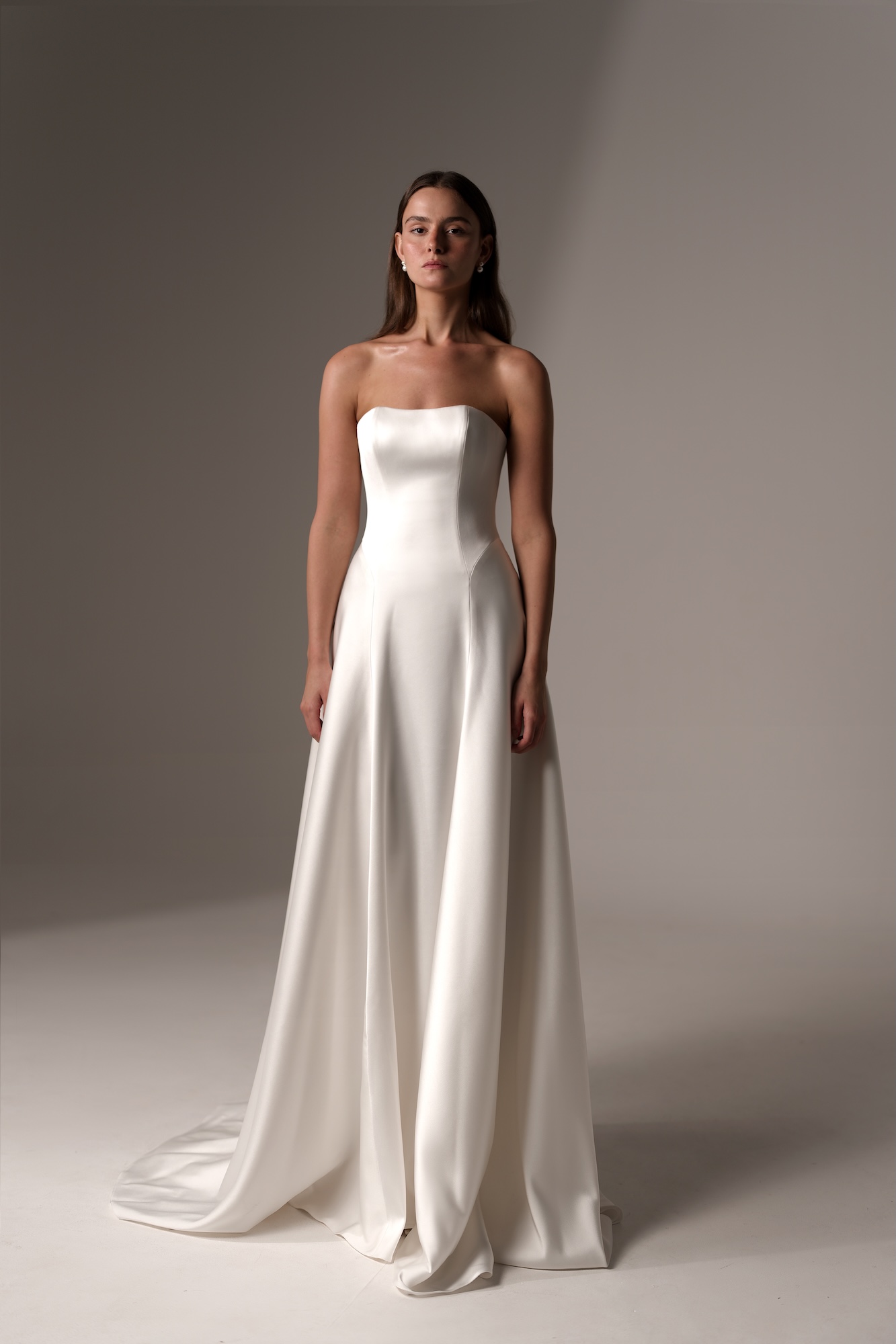 Alma by Lihi Hod, minimalist silk satin A-line wedding dress with a strapless neckline