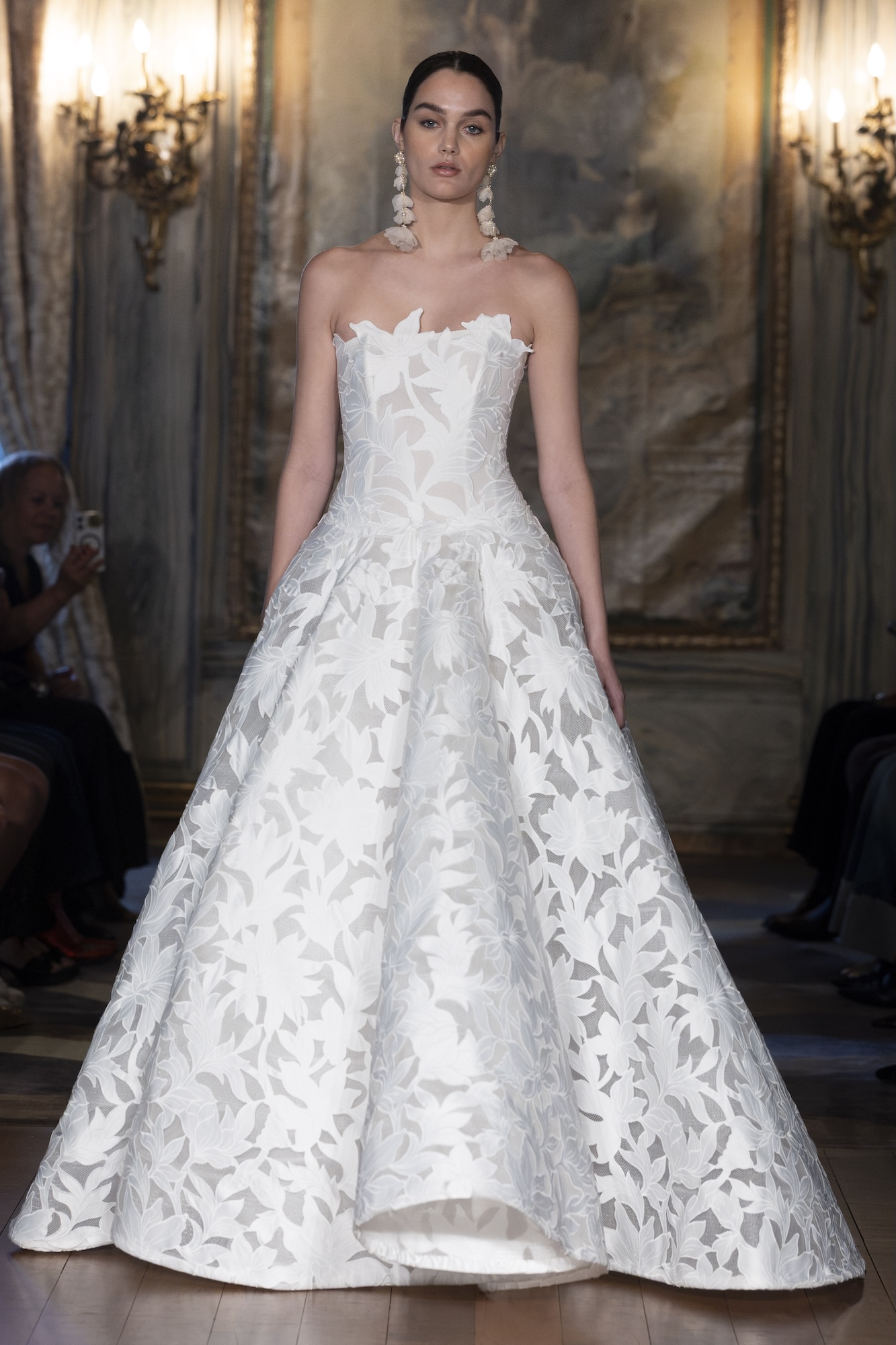 Sareh Nouri Fall 2027 collection wedding dress with laser cut organza A-line skirt at the bridal fashion week catwalk in New York