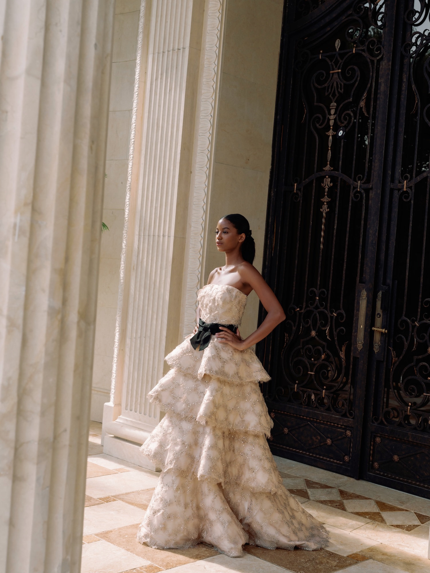 Hand beaded organza sculpted wedding dress Mademoiselle in Ivory -nude color and black bow belt